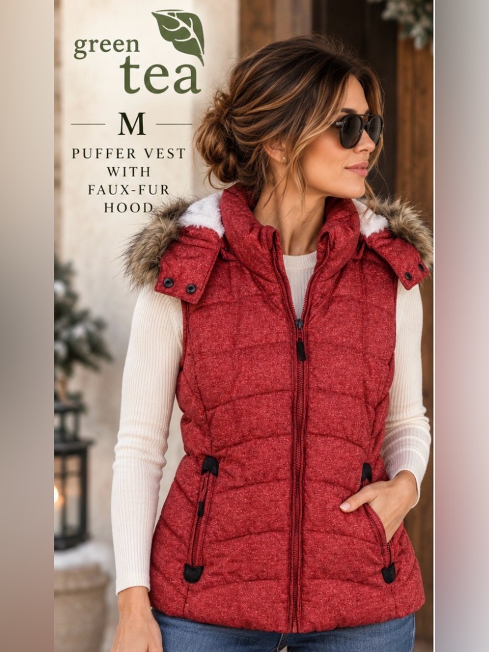 Green Tea M Red Puffer Vest Faux Fur Hood Quilted Winter Vest